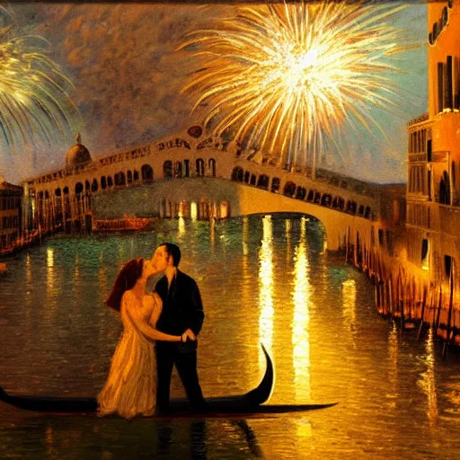 Image similar to an oil painting of couple kissing, in a background fireworks in venice