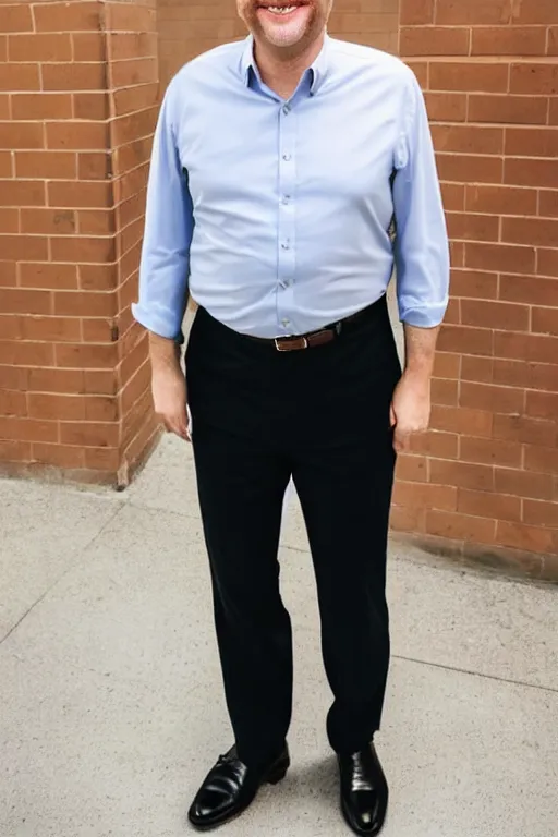 Image similar to full body color photograph of a balding, middle aged, brown haired, hairy, blue eyed, round faced, short white man who has thick legs, dressed in a white shirt, grey pants and black dress shoes, smiling at the camera with perfect, straight white teeth, full body portrait, head to toe