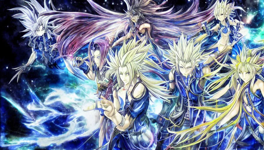 Image similar to Water Color double exposure of The God Particle in the Goddess Harmony Dissidia by Yoshitaka Amano