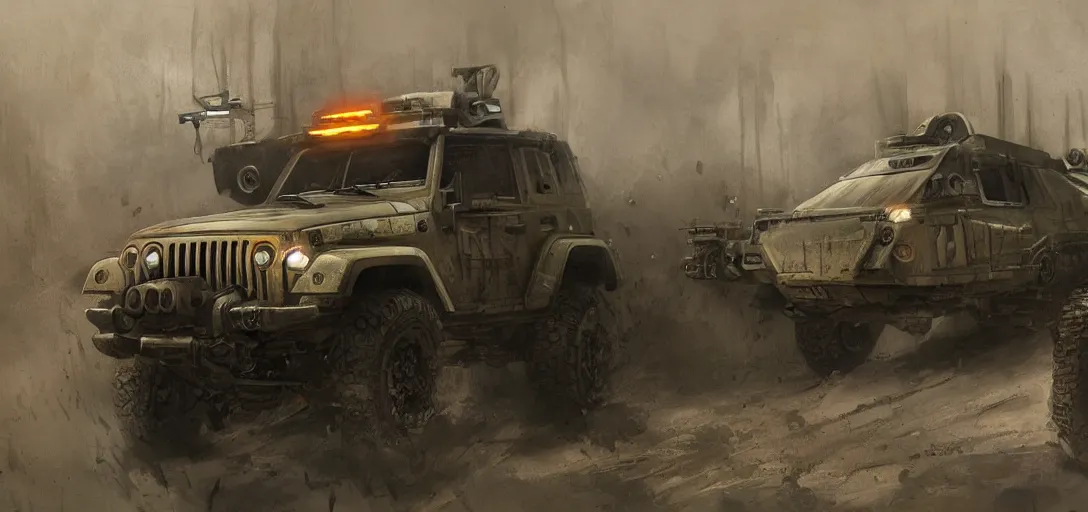 Prompt: armored scifi Jeep in the style of bladerunner and alternate car one, car concept, car Design, sid mead, alex ross, intricate Details, concept art, matte painting, highly detailed, rule of thirds, dynamic lighting, cinematic, detailed, denoised, centerd, clean render