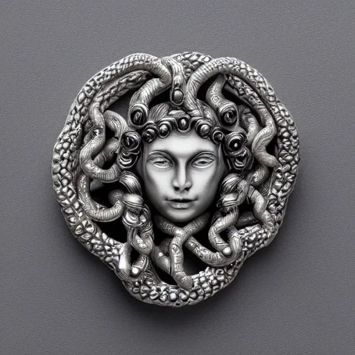 Prompt: Medusa amulet, detailed intricate silverwork on a dark oak background, 8k digital render