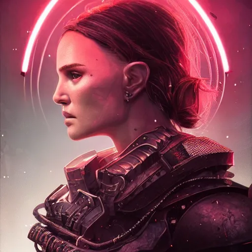 Image similar to natalie portman portrait, dystopia core, apocalyptic, armor, warrior, dramatic, sharp focus, fiction, neon, fantasy, hyper detailed, digital art, trending in artstation, cinematic lighting, studio quality, smooth render, unreal engine 5 rendered, octane rendered, art style and nixeu and wlop and krenz cushart