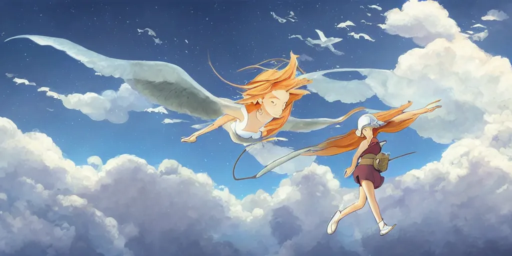 Prompt: A girl flying with a bird-shaped white glider over the clowds, Nausicaa of the Valley of the Wind, Miyazaki Hayao, ghibli style, highly detailed, digital painting, concept art, sharp focus, illustration, anime, trending on artstaion