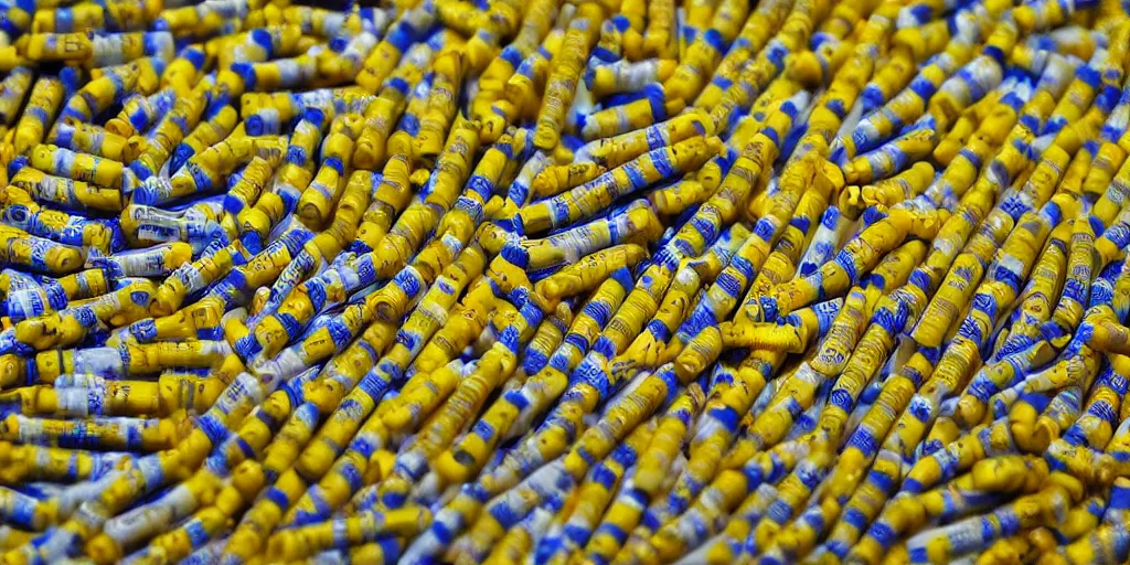 Prompt: realistic photograph 1 0 0 0 0's of yellow - coloured chapstick tubes in scattered in giant piles, high detail, shaded, backlit, glossy, ultrawide angle