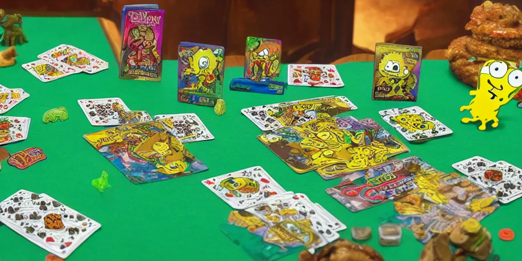 Image similar to cthulhu, ganesh, sponge bob and jesus playing cards, green felt table, spongebob cooking hamburgers in the background