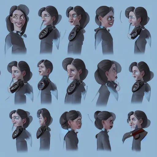 Image similar to a character expression sheet for a quirky female space engineer character in the style of an animated feature film concept art, detailed, beautiful digital painting, expressive, well drawn, expert, characterful, unique, emotive, emotional