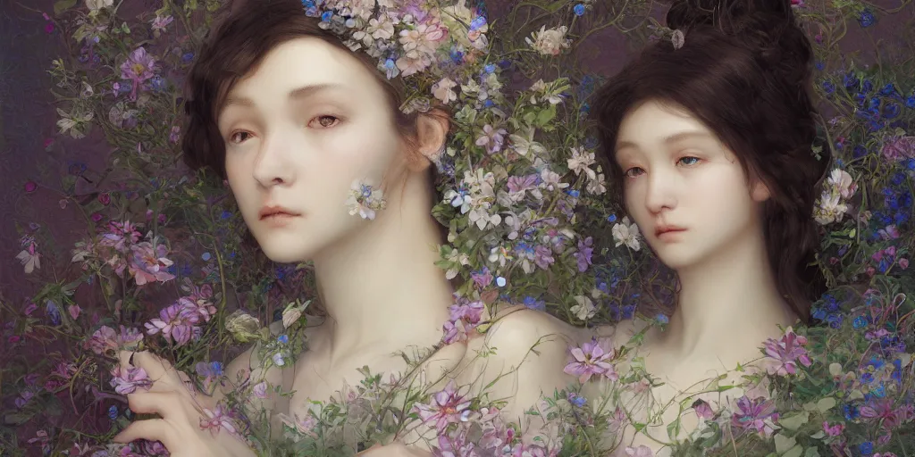 Image similar to breathtaking detailed concept art painting portrait of the goddess of nemophila flowers, orthodox saint, with anxious piercing eyes, ornate background, amalgamation of leaves and flowers, by hsiao - ron cheng, extremely moody lighting, 8 k