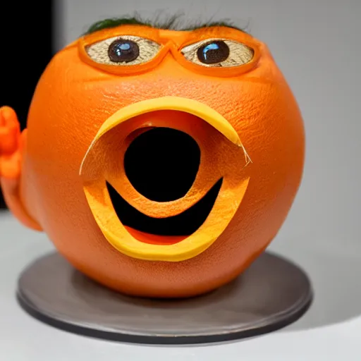 Image similar to a taxidermized annoying orange. in a museum. 8 5 mm lens. 7 0 mm entrance pupil diameter