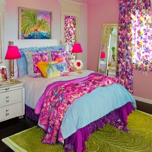 Image similar to a cozy bedroom decorated by Lisa Frank, detailed, high resolution, wow!, intricate