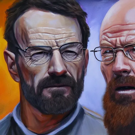 Image similar to walter white face to face with rick grimes, oil painting