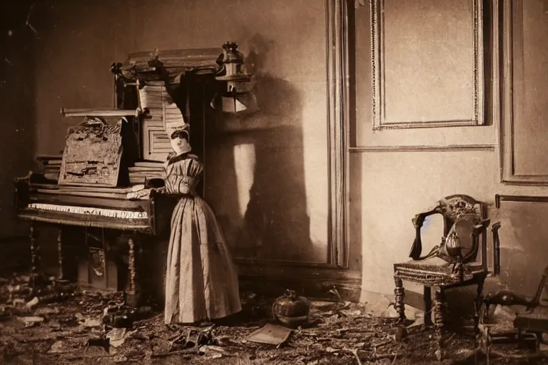 Image similar to detailed well - preserved photo of female android in beautiful victorian dress standing in decaying guest room with piano and chair