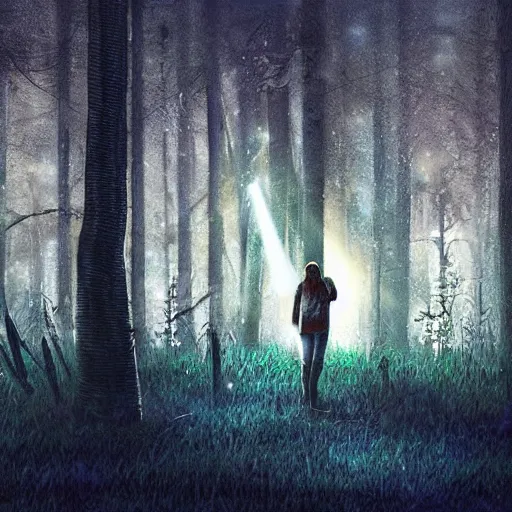 Image similar to a dirty lost person is following a small floating blue softly glowing ball of light through the swampy forest, art by Agus SW .