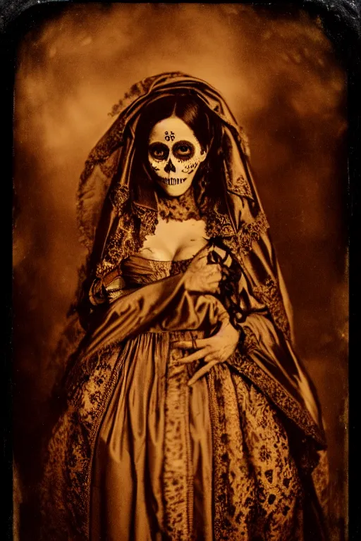 Prompt: tintype 1 8 9 0's virgin mary dia de muertos dress and make up, horrific beautiful vibe, evocative, atmospheric lighting, painted, intricate, highly detailed, leesha hannigan, wayne haag, reyna rochin, ignacio fernandez rios, mark ryden, iris van herpen, stunning, gorgeous, sharp focus, cinematic, masterpiece