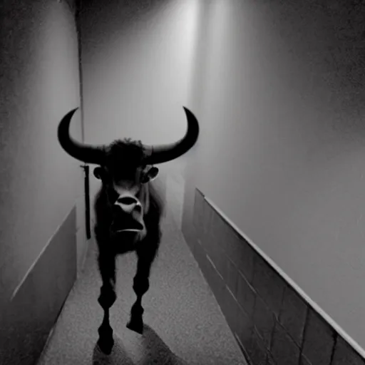 Image similar to hi - 8 night vision camera footage of a barely visible minotaur with red eyes in a dark hallway