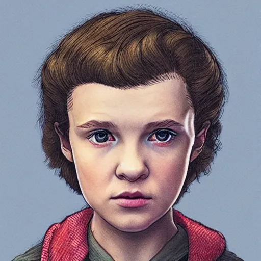 Prompt: portrait of Eleven from the stranger things by (((Mazzoni Marco))),dark ,detailed ,flowers on hair ,portrait,