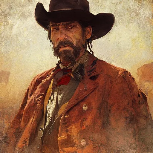 Image similar to Solomon Joseph Solomon and Richard Schmid and Jeremy Lipking victorian genre painting portrait painting of Royal Dano a rugged cowboy gunfighter old west character in fantasy costume, rust background