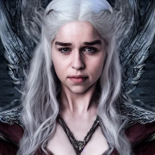 Image similar to digital matte painting of daenerys targaryen gothic clothing, red and blonde hair, purple eyes, detailed face headshot dark dramatic mysterious style of luis royo, 8 0 mm camera, high detail, hd 8 k