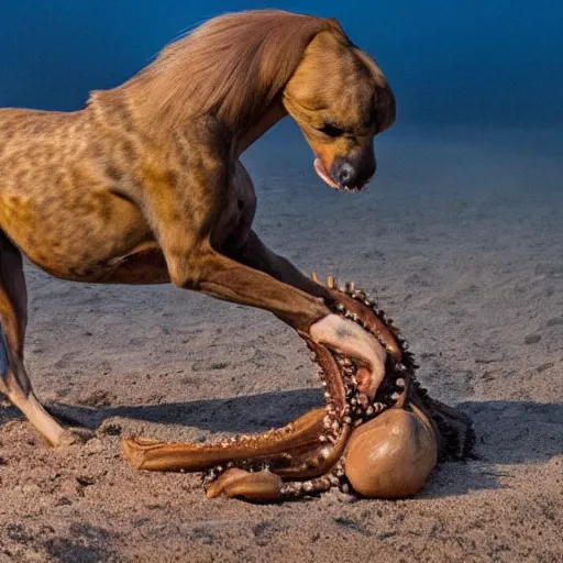 Prompt: National Geographic photo of horse full of octopus being eaten by African hunting dogs