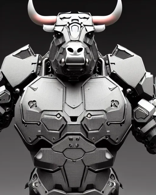 Prompt: a full body shot of a imposing cyborg ( bull ) modeled after a bull with open eyes looking into the camera, intricate pattern, hard rubber chest, highly detailed, android, cyborg, full body shot, intricate, 3 d, hyper realism, symmetrical, octane render, strong bokeh, fantasy, highly detailed, depth of field, digital art, artstation