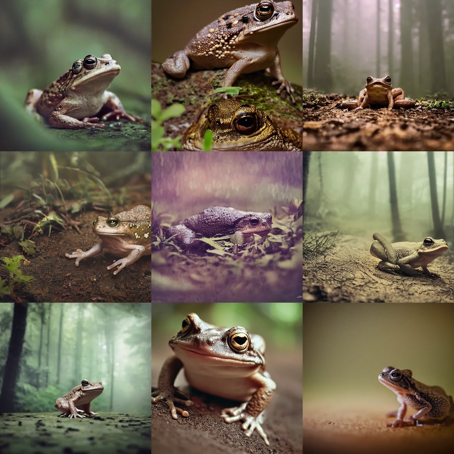 Prompt: 300mm telephoto bokeh, natural realistic hypnotoad, on forest jungle path, Polaroid photo, vintage , neutral dull colors, soft lights, foggy mist , by oleg oprisco , by thomas peschak, by discovery channel, by victor enrich , by gregory crewdson