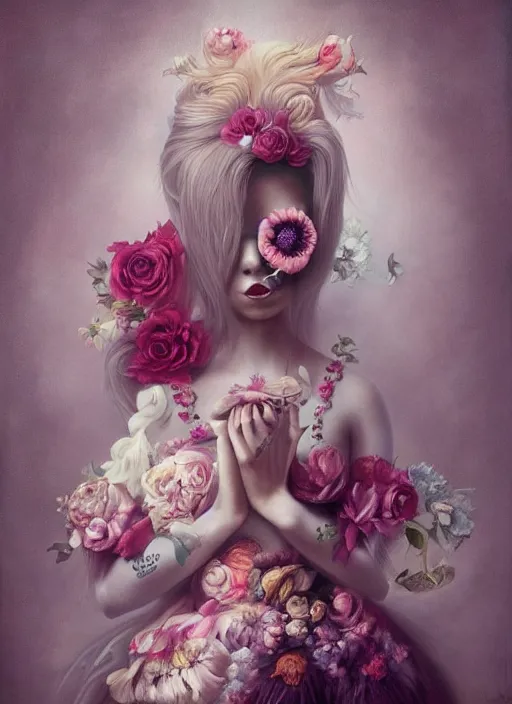 Prompt: pop surrealism, lowbrow art, dress, realistic flowers painting, hyper realism, muted colours, rococo, natalie shau, loreta lux, tom bagshaw, mark ryden, trevor brown style