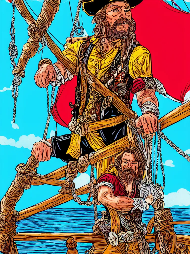 Prompt: a colorful detailed illustration of captain morgan drinking rum and barely holding on to the bowsprit of a pirate ship. long shot. digital art. captain morgan rum style.