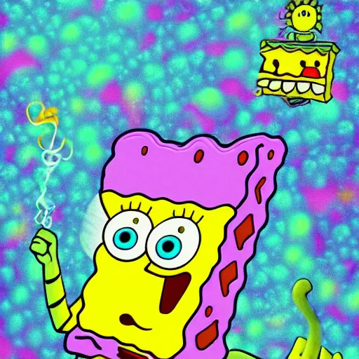 Prompt: spongebob squarepants in an abstract world with weed clouds, digital art, by Lulu Chen