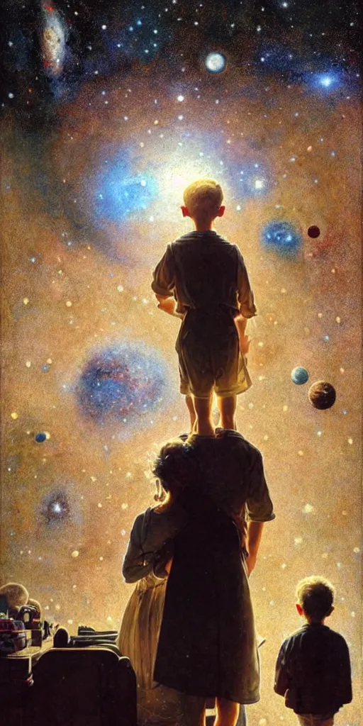 Prompt: a mother and her son looking at the wall of their bedroom and seeing the universe full of galaxies and planets, imagination, part by norman rockwell, part by greg rutkowski, part by mattias adolfsson, high angle, ( ( ( ( volumetric lighting ) ) ) ), oil on canvas