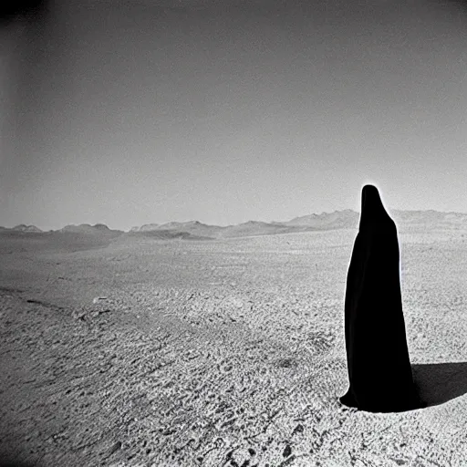 Image similar to a man wearing a long cloak and hood, in the desert, film still, arriflex 3 5