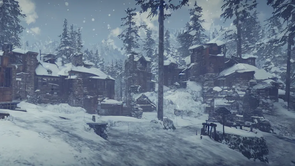 Image similar to Screenshot from Nier Automata, beautiful landscape at an abandonned ski station, near a chairlift, winter