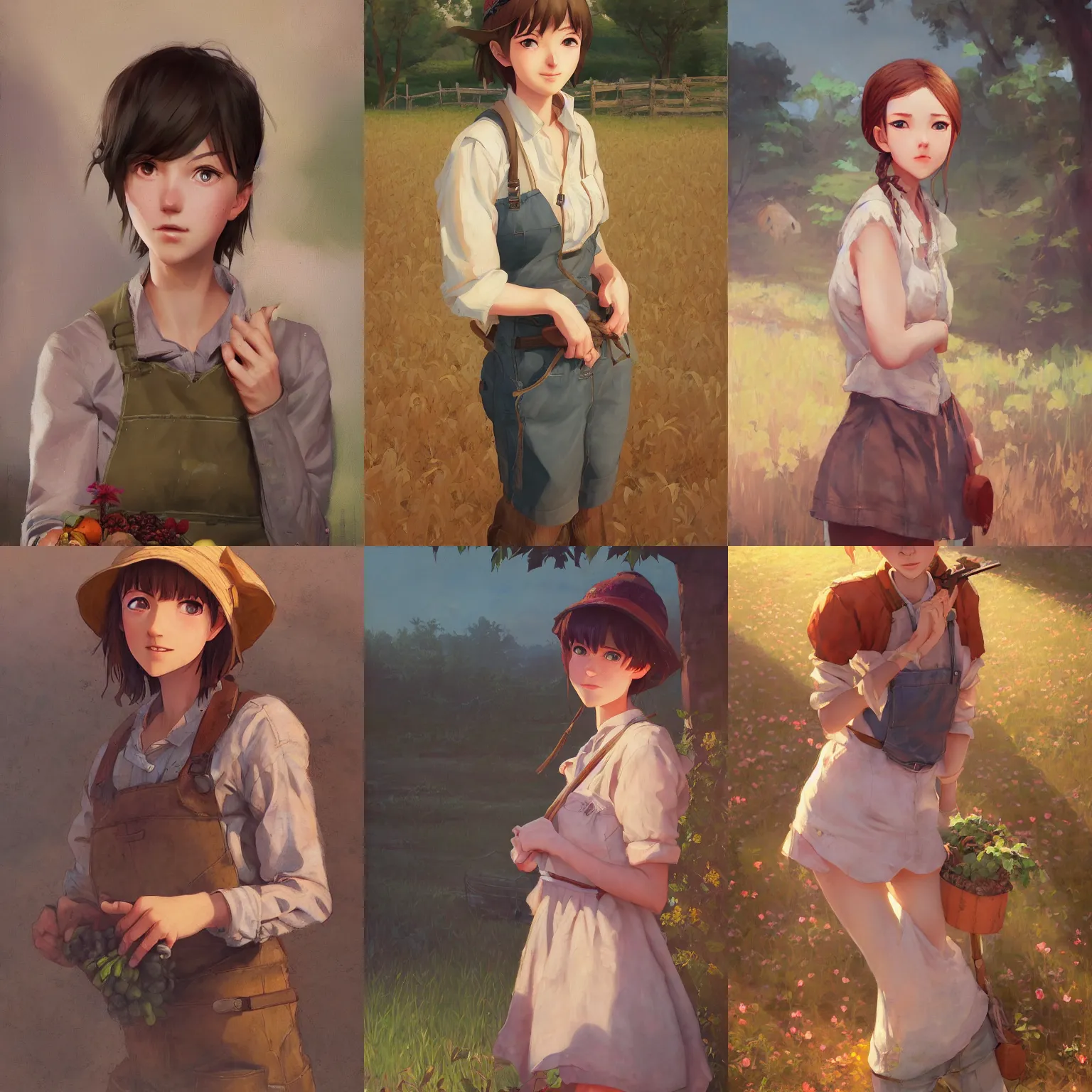 Prompt: a portrait of a cute female farmer, rustic setting, vivid colors, soft lighting, atmospheric, cinematic, moody, in the style of ilya kuvshinov and range murata, krenz cushart, rule of thirds, oil on canvas, 8 k