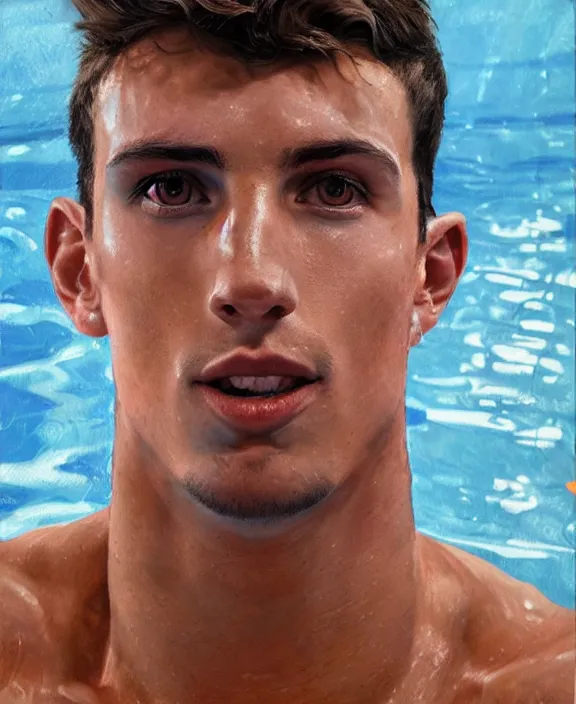 Image similar to portrait of a handsome young spanish swimmer, art by denys tsiperko and bogdan rezunenko, hyperrealism