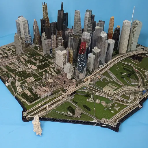 Image similar to godzilla in a miniature city model of chicago