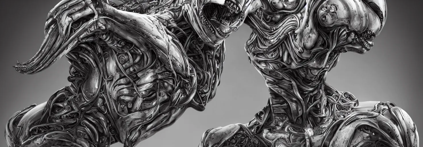 Image similar to engineer alien bood face by Artgerm, xenomorph alien, highly detailed, symmetrical long head, blood color, smooth marble surfaces, detailed ink illustration, raiden metal gear, cinematic smooth stone, deep aesthetic, concept art, post process, 4k, carved marble texture and silk cloth, latex skin, highly ornate intricate details, prometheus, evil, moody lighting, hr geiger, hayao miyazaki, indsutrial Steampunk