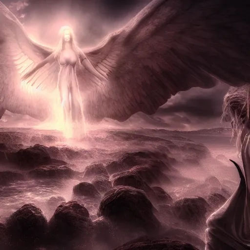 Image similar to heaven being populated by angelic demons, rising from the depths of hell, realistic, beautiful texture, beautiful graphics, fantasy artwork, very beautiful scenery, hd, hdr, ue 5, ue 6, unreal engine 5, cinematic 4 k wallpaper, 8 k, ultra detailed, by popular digital, details, beautiful image ever created, high resolution