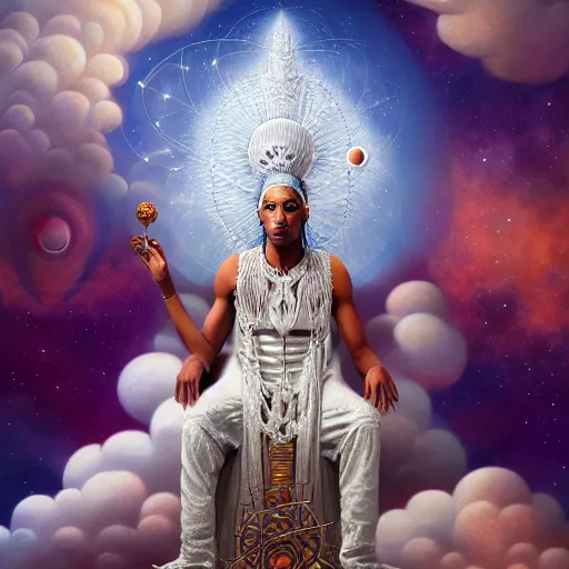 Prompt: obatala the cosmic god sitting on a throne of nebula clouds, by Afarin Sajedi and android jones, matte painting, orisha, 8k, hd