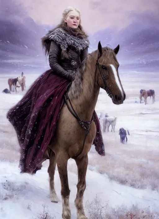 Image similar to portrait of a nordic women in a snowy tundra, the women with violet eyes has a horse, set in game of thrones. by Daniel F. Gerhartz, hyperrealistic oil painting, 4k, very detailed faces, studio lightning