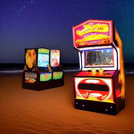 Prompt: a lovely arcade machine on the beach at night. photograph in the style of simon stalenhag