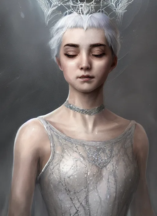 Image similar to portrait of young royal prima ballerina with silver white hair, crying, intricate silk clothing, fantasy, headpiece, digital 2 d illustration, 4 k, highly detailed, octane renderer, artstation trending, cinematic lighting, reflections, god rays, particles, micro detail, style of dropdeadcoheed, vurdem, wlop, tom bagshaw
