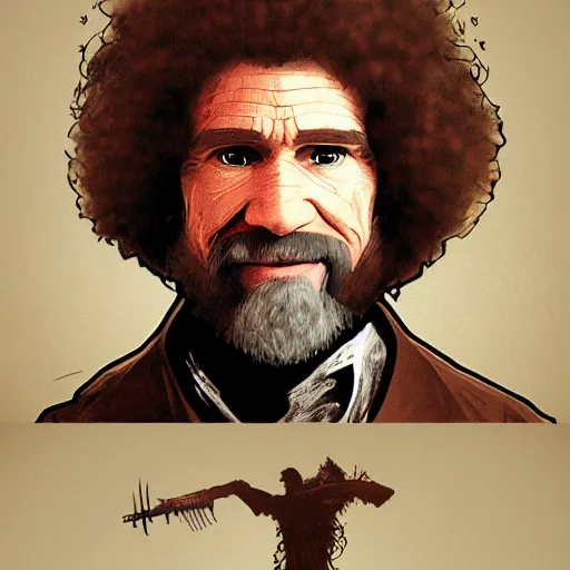 Image similar to an ultra detailed vector image of bob ross dressed as the hunter from bloodborne, concept art by alphonse mucha and greg rutkowski, praise the blood moon, octane render, liminal space