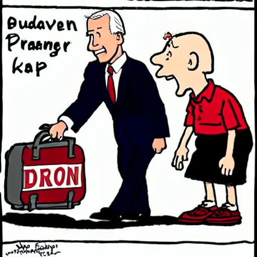 Image similar to a cartoon of joe biden pulling away the nuclear football before trump can kick it, cartoon in the style of peanuts by charles schulz