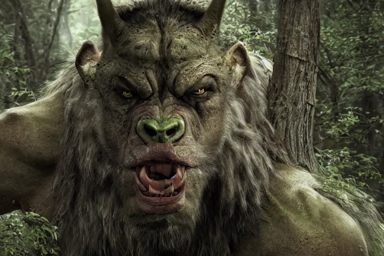 Image similar to vfx movie closeup detailed ancient warrior orc hunting wolf in the forest, natural lighting by emmanuel lubezki