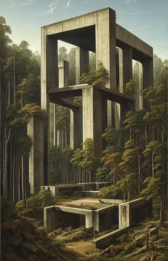 Prompt: classical landscape paintings of brutalist concrete structures, forest, masterpiece, insanely detailed and intricate, isometric, by eugene von guerard