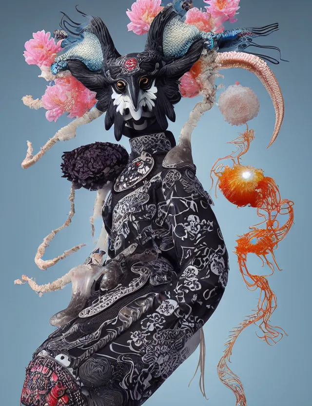 Image similar to 3 d goddess bottom - up with ram skull. beautiful intricately detailed japanese crow kitsune mask and clasical japanese kimono. betta fish, jellyfish phoenix, bio luminescent, plasma, ice, water, wind, creature, artwork by tooth wu and wlop and beeple and greg rutkowski