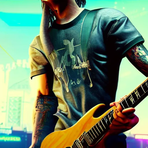 Image similar to John frusciante playing his guitar hyperdetailed photorealism Cyberpunk 2077 unreal engine 5 4k very high quality
