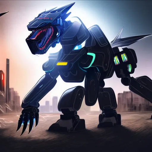 Image similar to hyper realistic, photographic, highly detailed cinematic full body shot of a mecha canine, sharp claws, sleek armor, glowing visor, charging through city, destroying city, digital art, furry art, dragon art, zoids art, furaffinity, deviantart