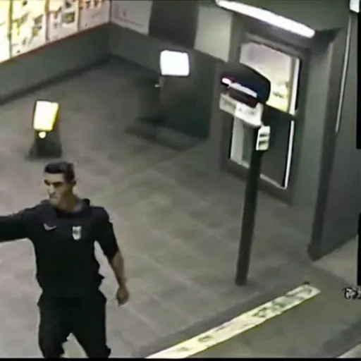 Image similar to security camera footage of cristiano ronaldo trying to rob a bank, he is holding a gun and a bag with the dollar sign