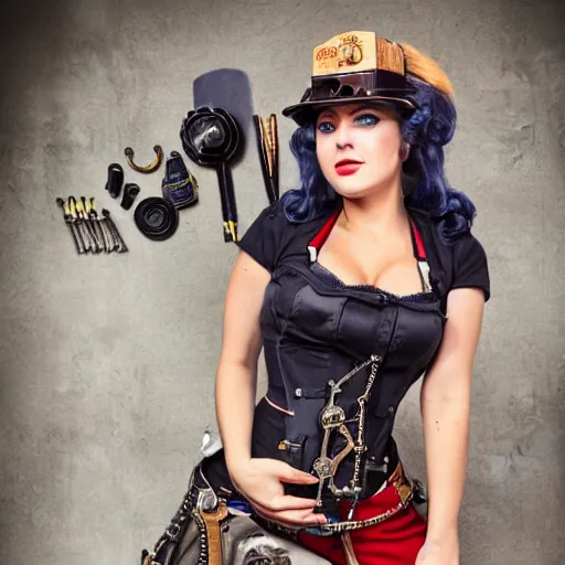 Image similar to portrait photo of a mechanic steampunk beauty, 8 k, masterpiece, pinup, highly detailed, smooth, sharp focus