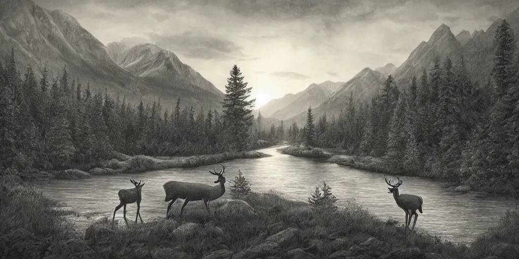 Image similar to A majestic landscape featuring a river, mountains and a forest. In the middle there is a deer with very big horns and he is staring at the sunset. Cinematic, very beautiful, pencil drawing