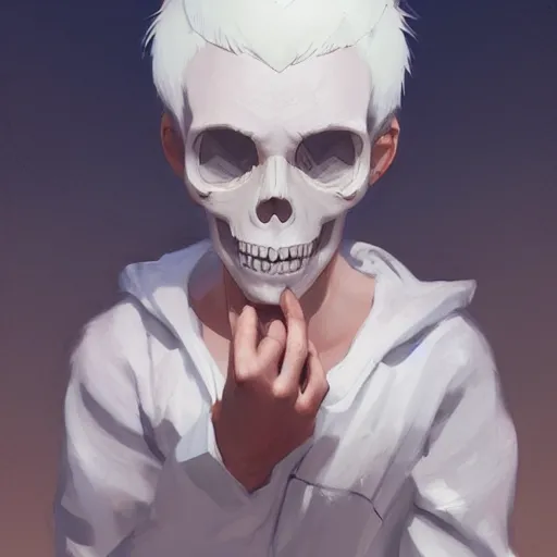 Image similar to boy with white hair holding skull, by makoto shinkai, greg rutkowski, artstation, high detailed, cgsociety,